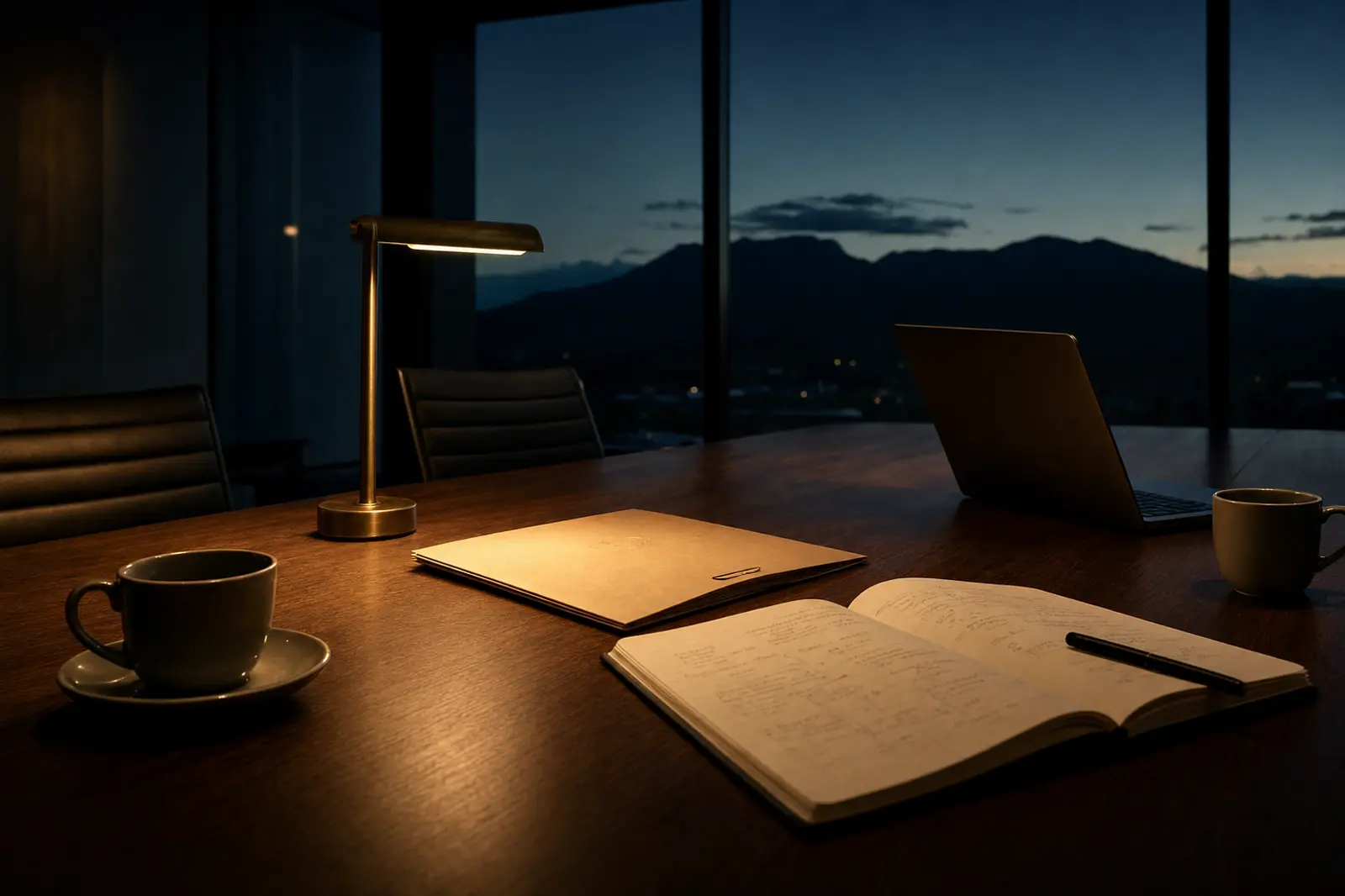 An ordered workspace — pen, notebook, documents