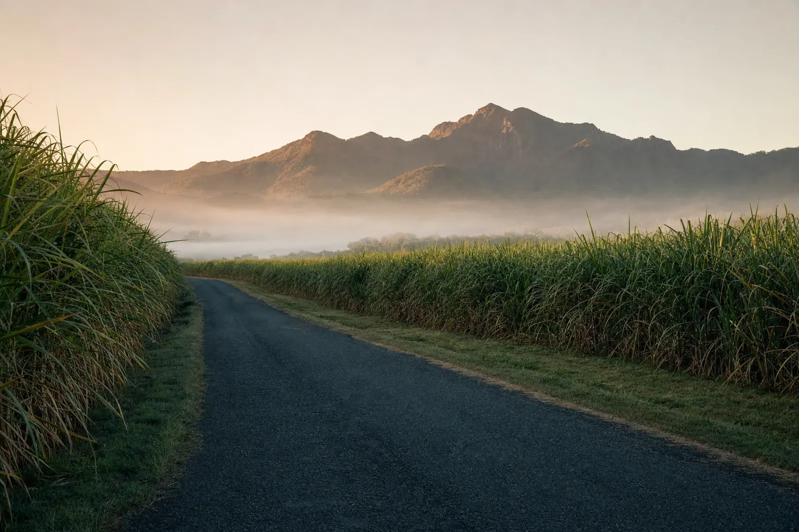 A North Queensland road at dawn, low light and long horizon