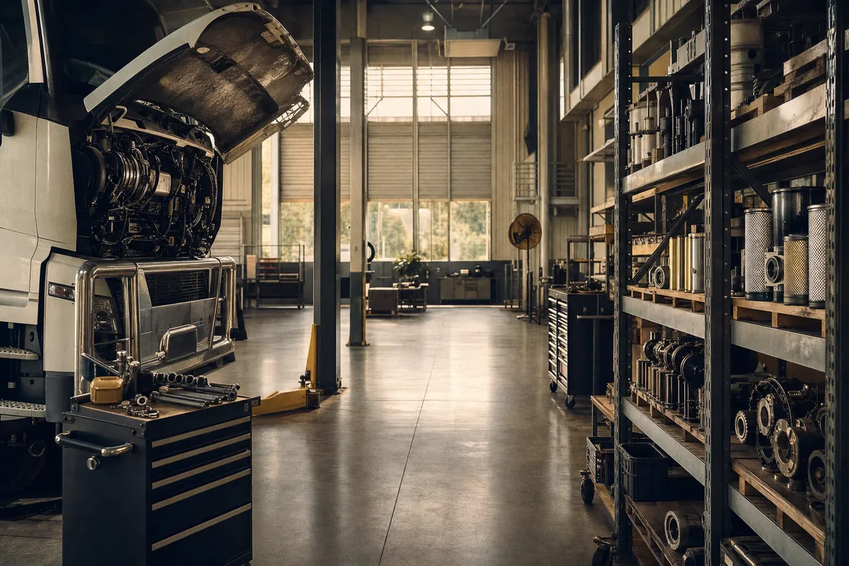 A North Queensland heavy-vehicle workshop with an open bay and ordered tooling.
