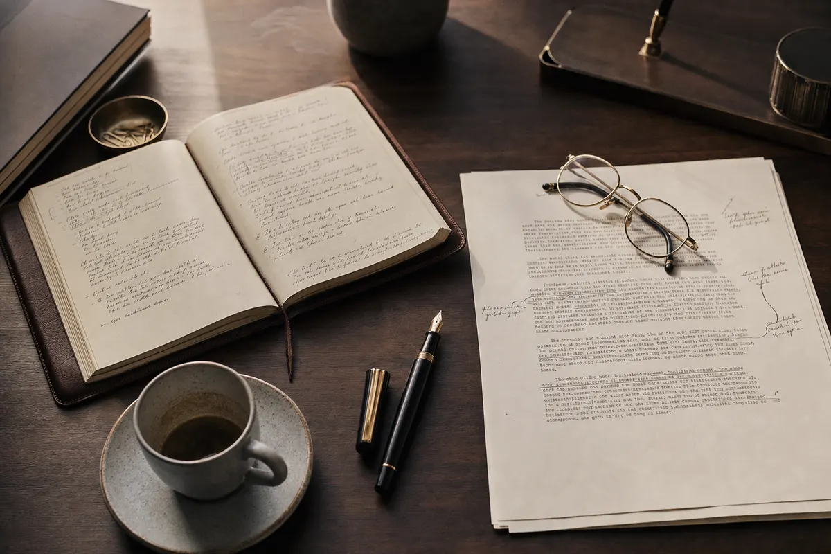A leather notebook, fountain pen and annotated document on a timber desk.