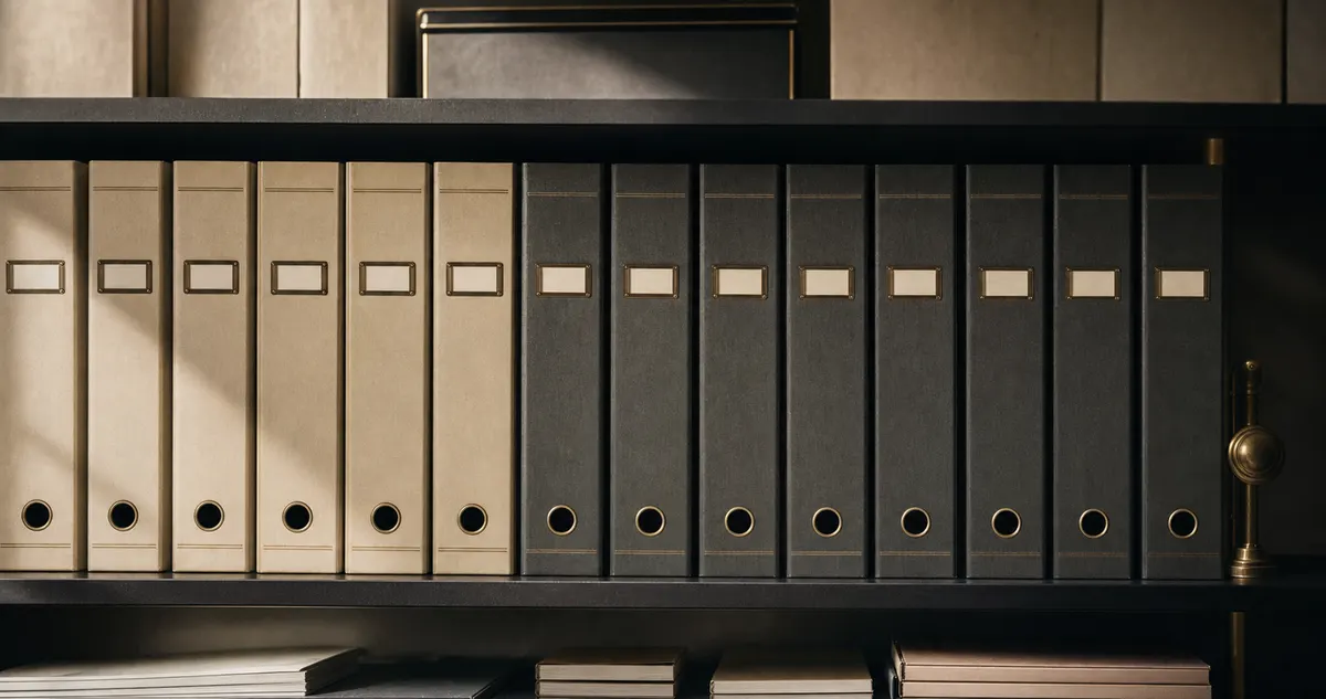 A row of ordered cream and graphite archival binders on a dark shelf.