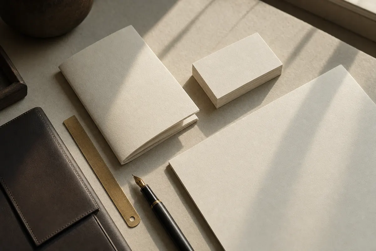 Premium printed collateral arranged on a cream desk in warm window light.