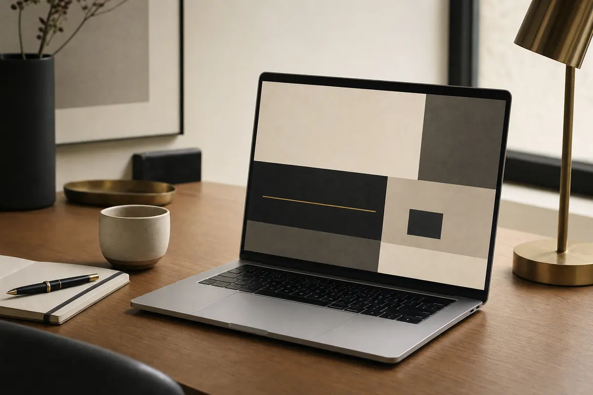 A laptop on a timber desk showing a restrained cream and graphite layout.