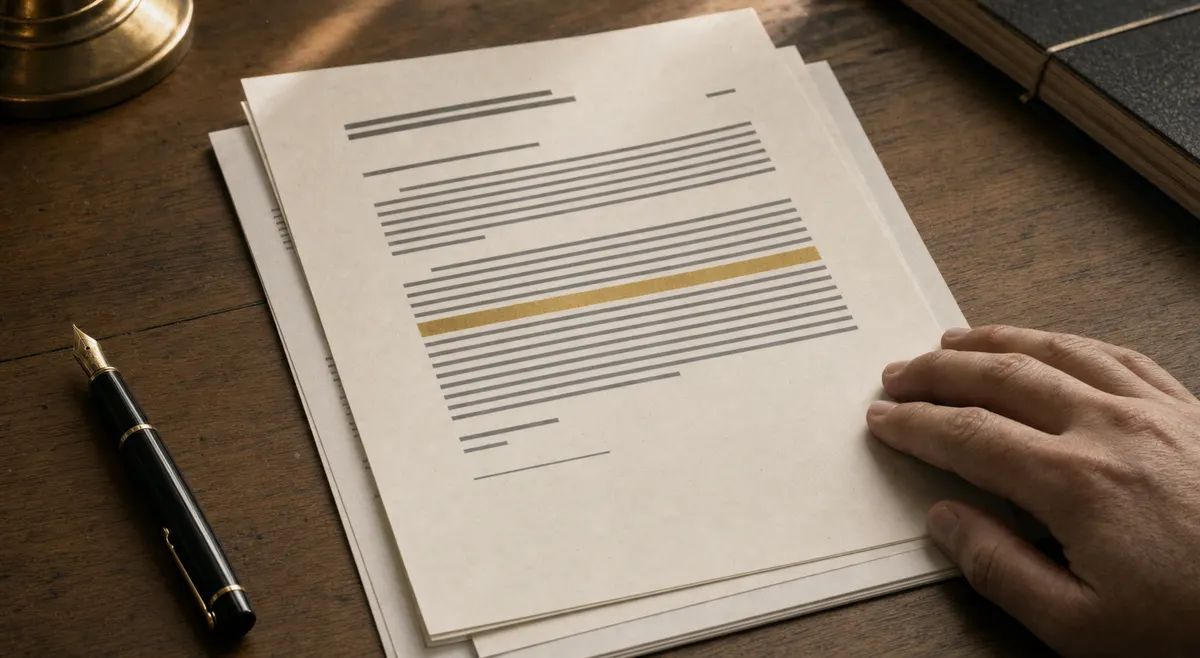 Printed documents on a timber desk with a brass highlight strip, a hand resting at the corner.